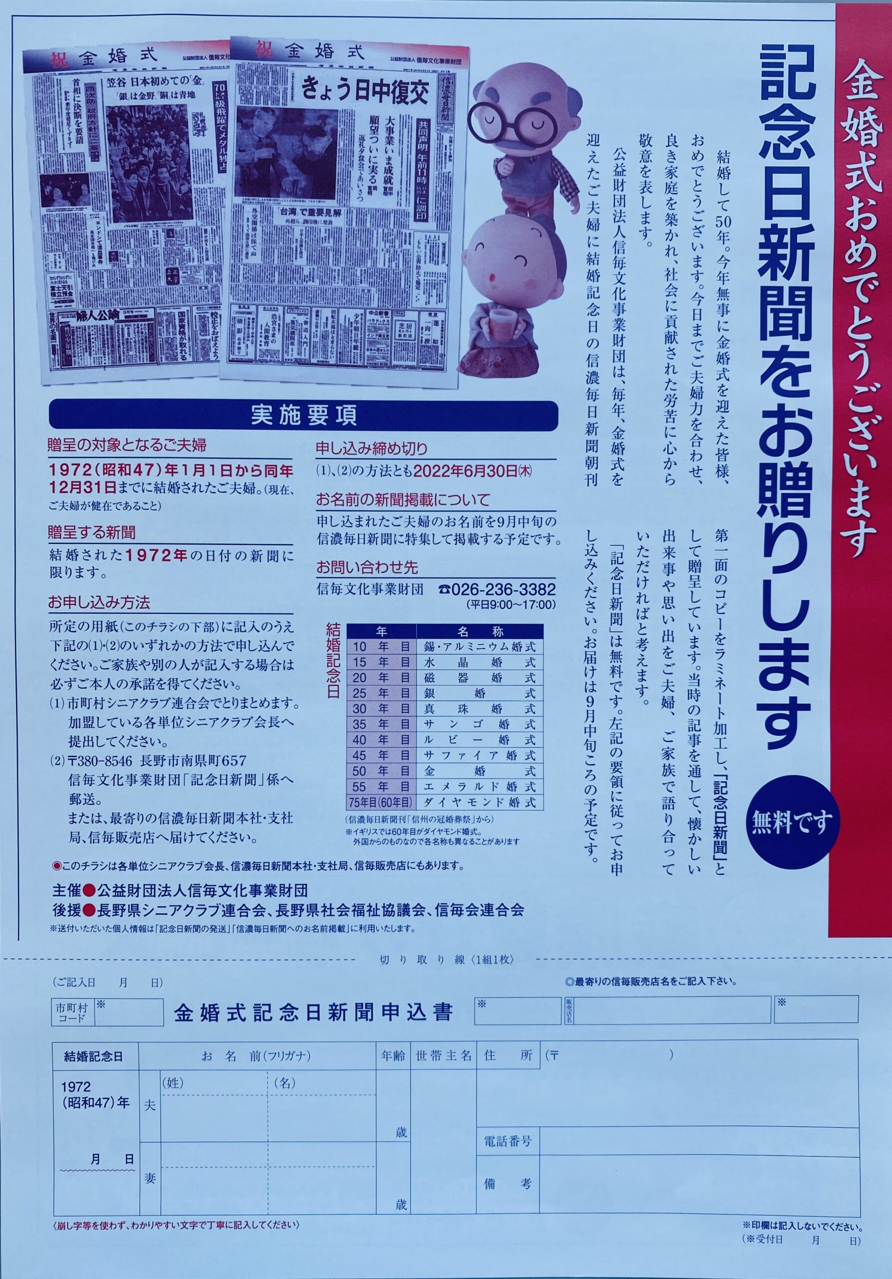 金婚式おめでとうございます 信濃毎日新聞 日本経済新聞 小池新聞店